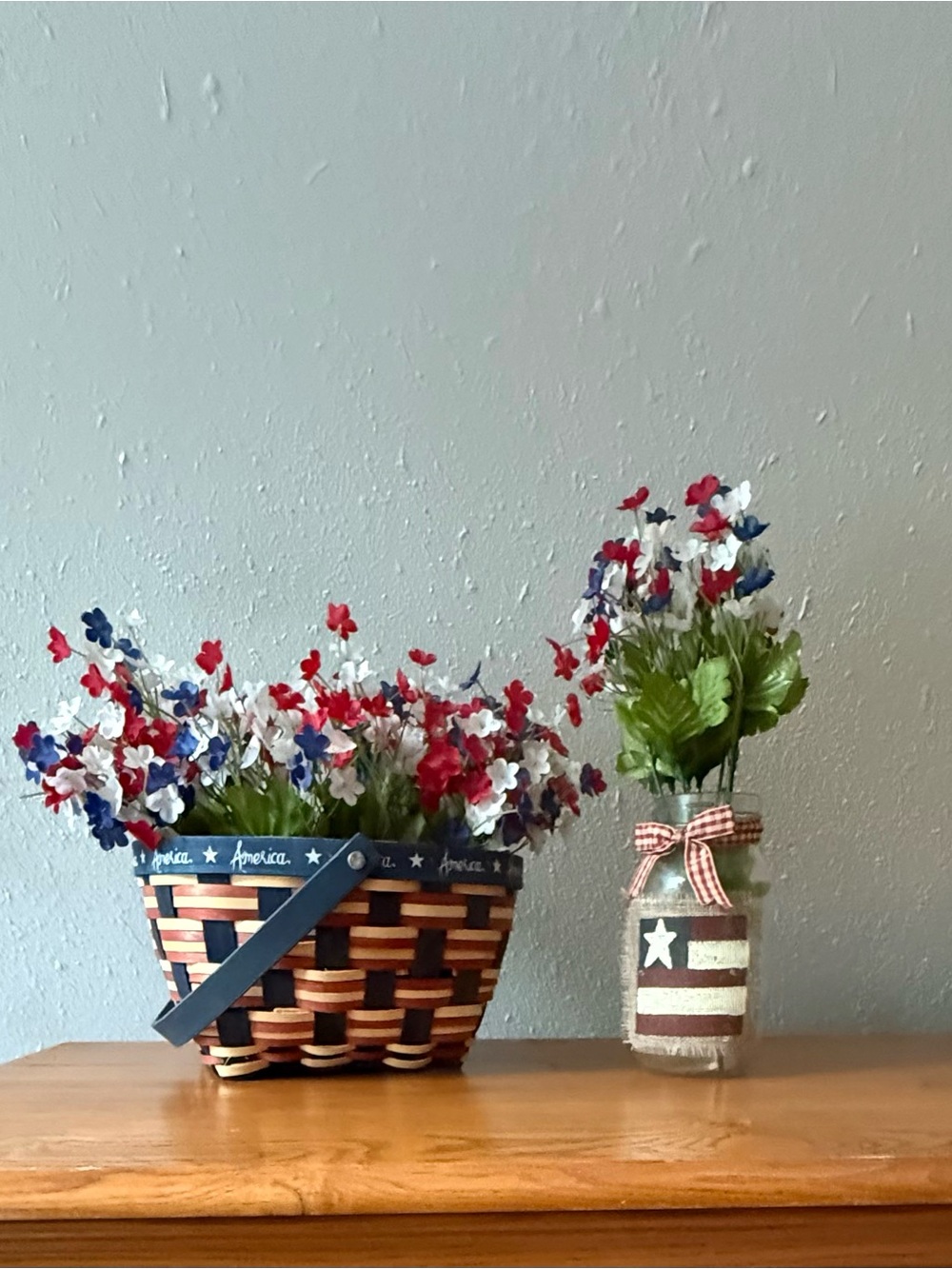 Have A Floral Labor Day! Red, White & Blue Flowers, Basket and Mason Jar Décor.